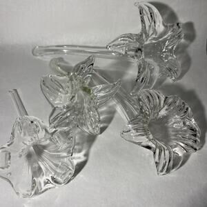 Vintage Blown Glass Lily Flower Epergne Trumpet Vase Star Long Stem Bud Vase 4pc